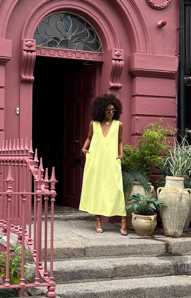 V Neck Crepe Dress - Lemon