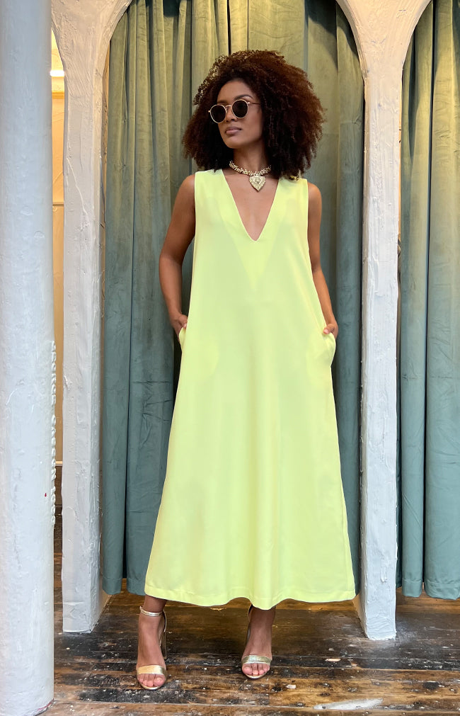 V Neck Crepe Dress - Lemon