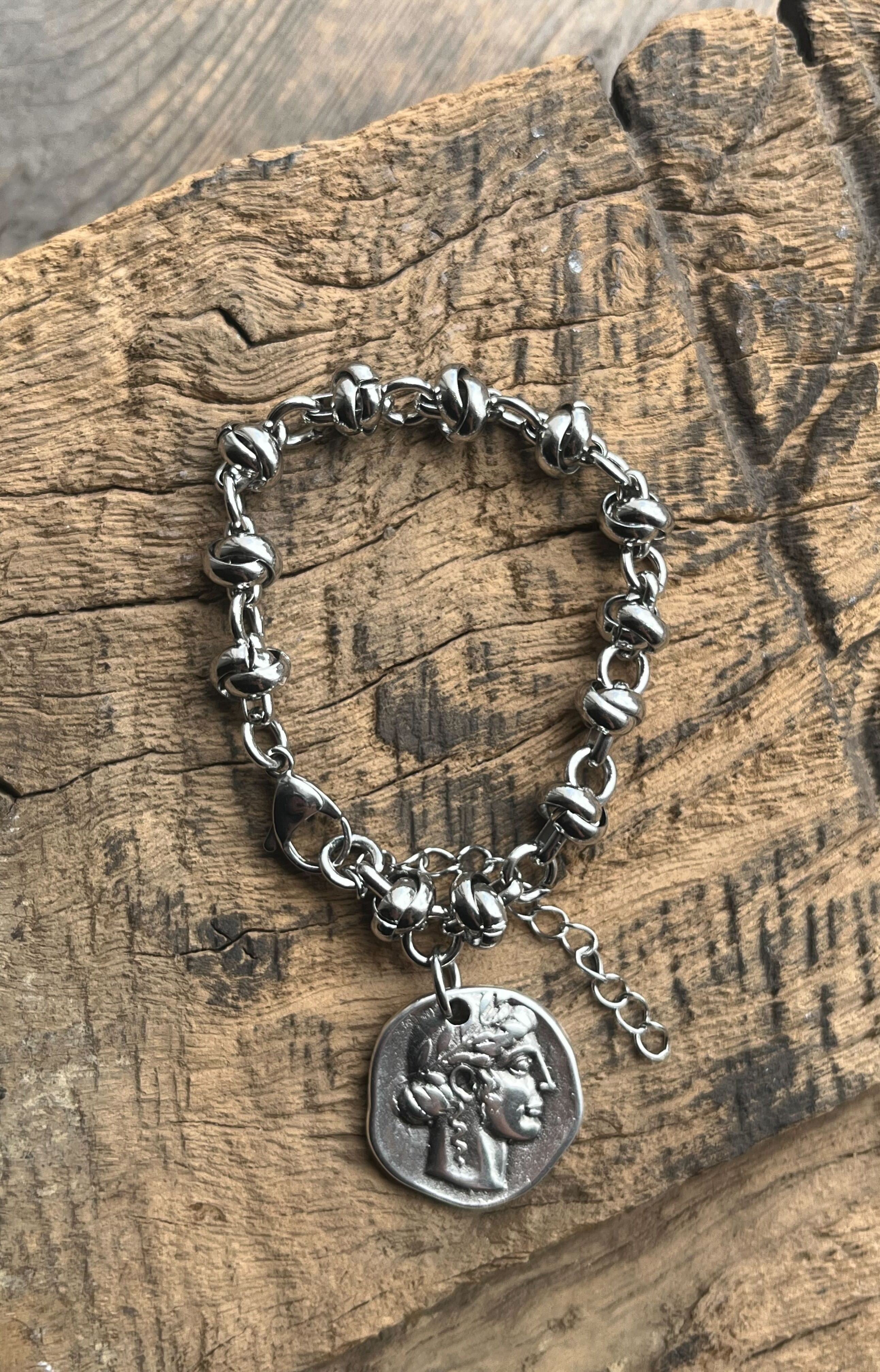 Greek Bracelet with Steel Silver Chain - Hera