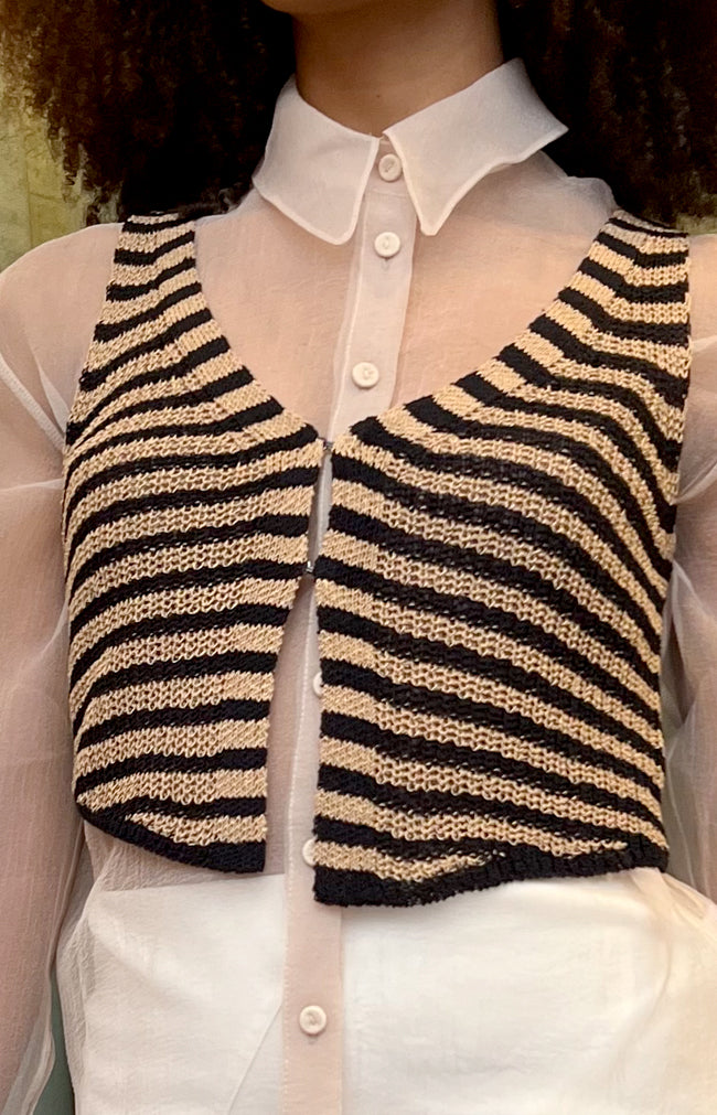 Stripe V Neck Front Hook Sweater Vest - Beige/Black