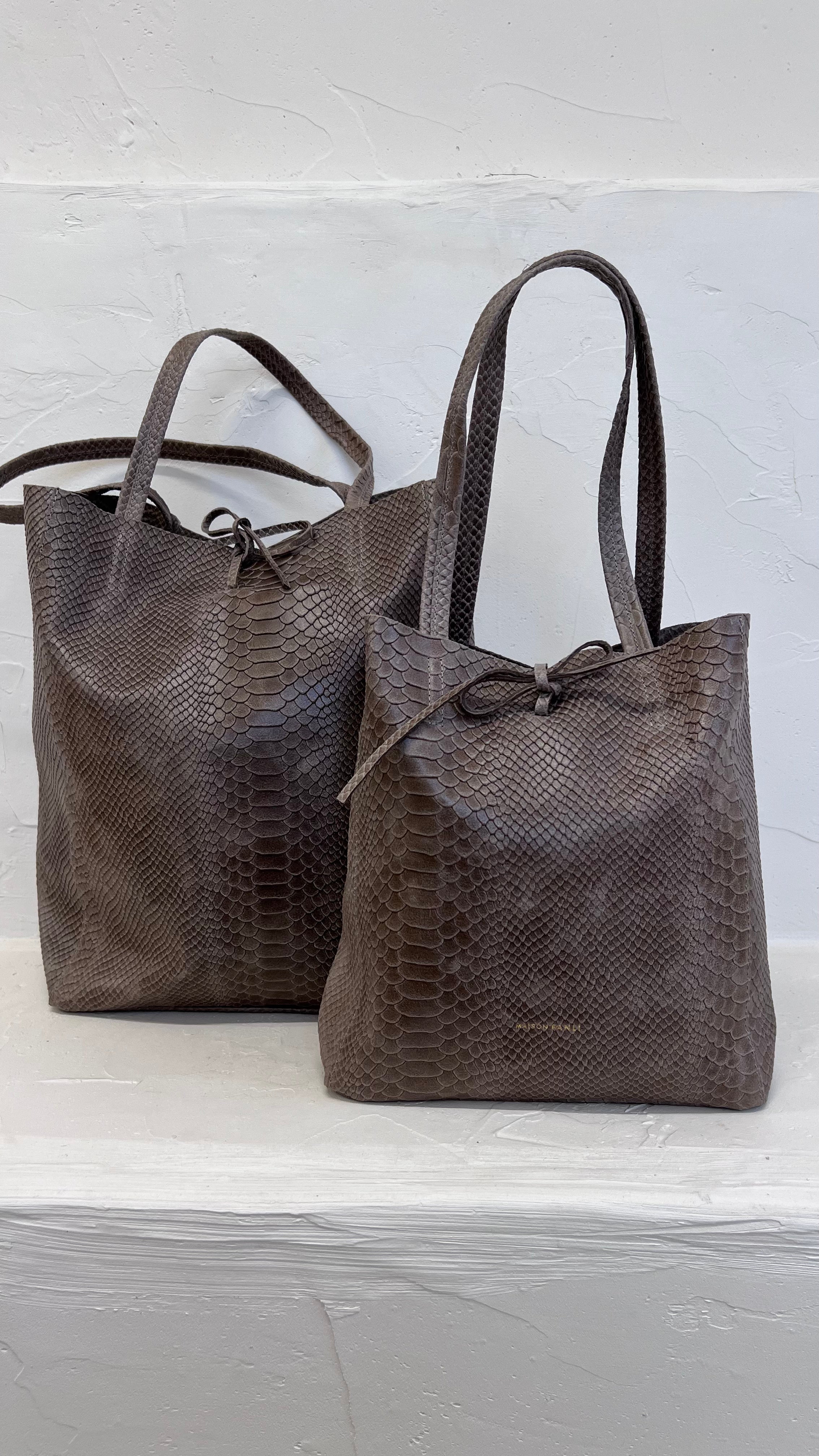 Cosima Small Tote  Bag - 100% Cowhide Leather  - Dark Taupe Python