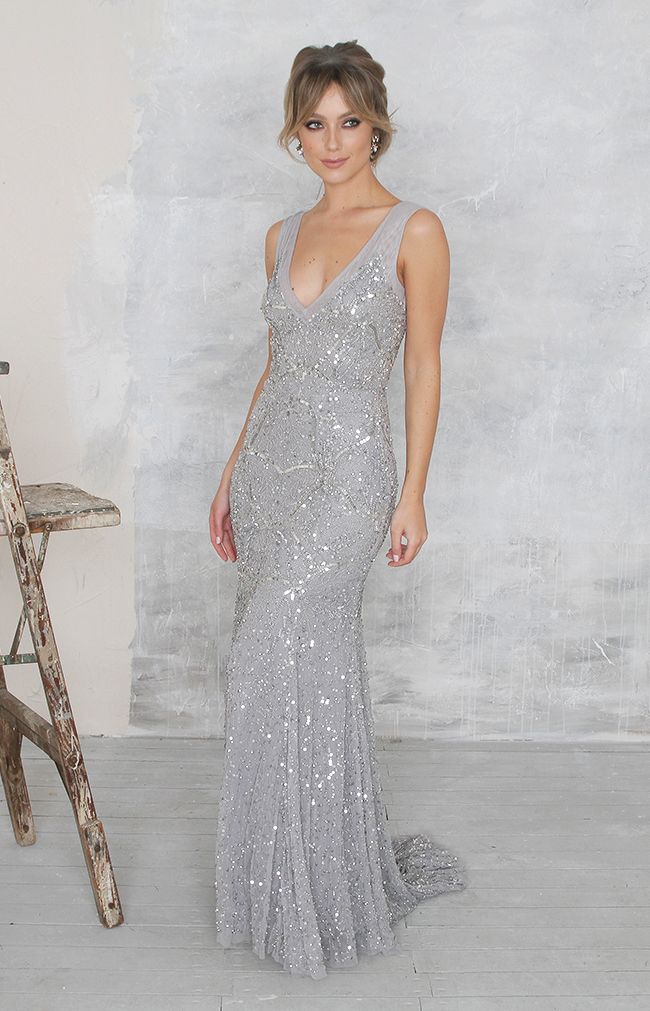 Sully Gown (hand beaded)- Silver